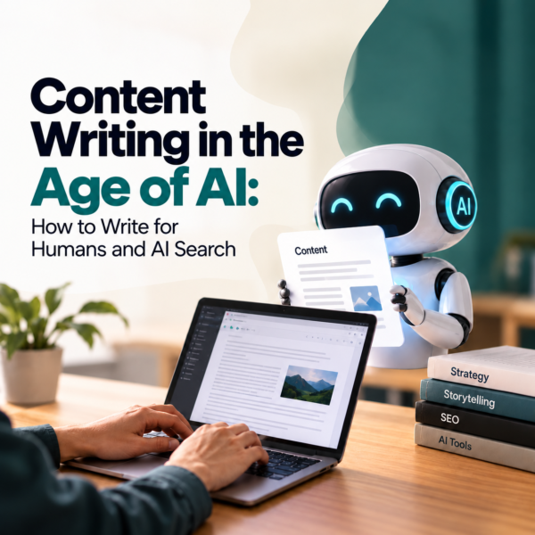 Content writing in the age of AI blog banner featuring a person typing on a laptop beside an AI robot, with visuals representing content creation, SEO, and AI search