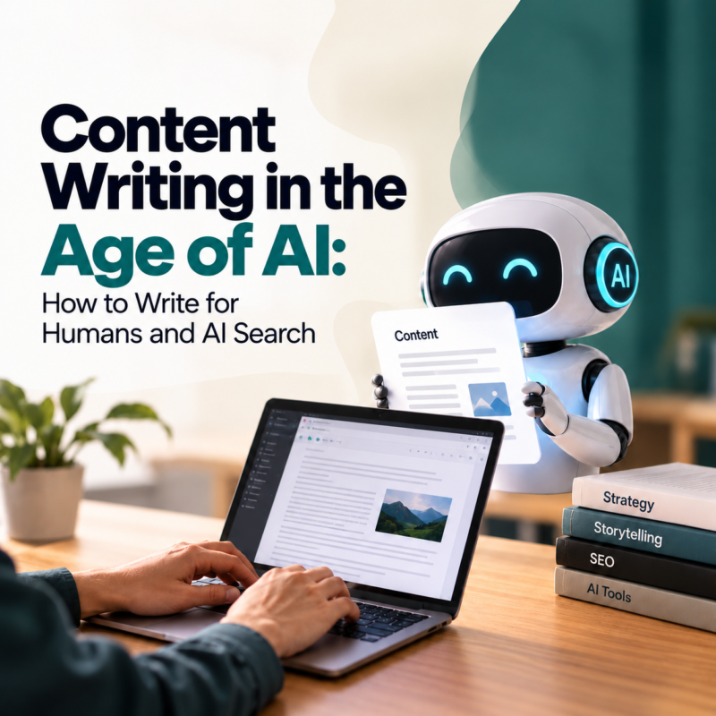 Content writing in the age of AI blog banner featuring a person typing on a laptop beside an AI robot, with visuals representing content creation, SEO, and AI search