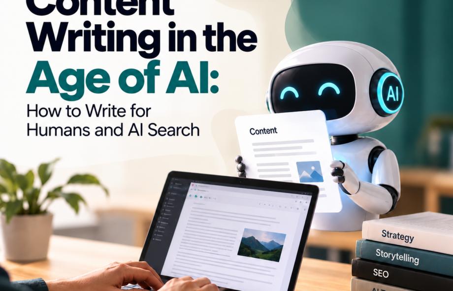 Content writing in the age of AI blog banner featuring a person typing on a laptop beside an AI robot, with visuals representing content creation, SEO, and AI search