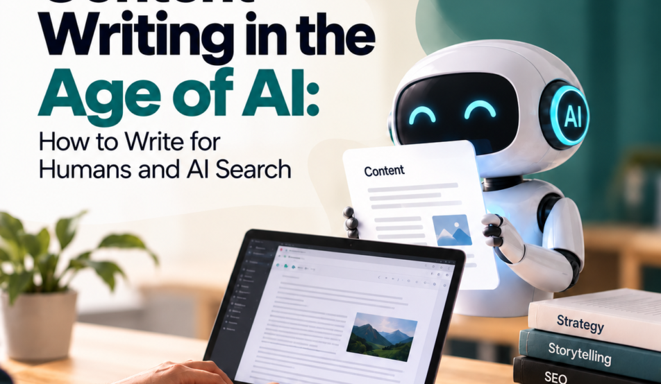 Content writing in the age of AI blog banner featuring a person typing on a laptop beside an AI robot, with visuals representing content creation, SEO, and AI search
