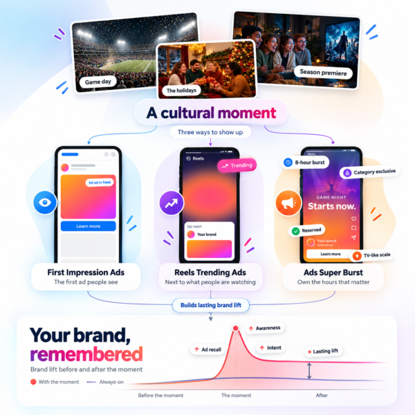 Cultural moments and Meta advertising formats including First Impression Ads, Reels Trending Ads, and Ads Super Burst